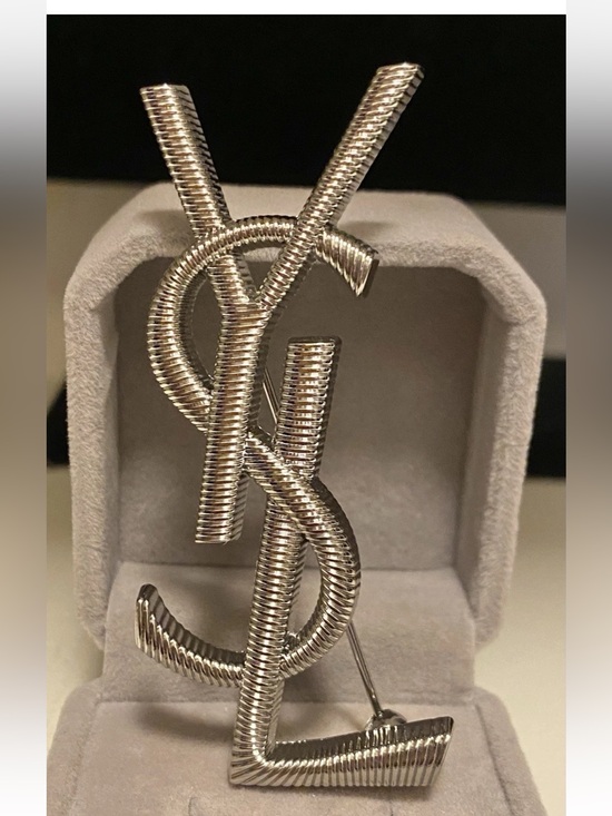 Yves Saint Laurent Jewelry - Yves Saint Laurent Silver Textured Monogram Pin Brooch Unisex
